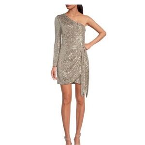 Gianni Bini Valerie Sequin One Shoulder Long Sleeve Tie Side Gold Mini Dress 8